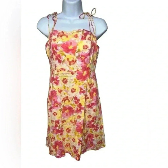 Pink Watercolor Floral Fit & Flare Floral Tie-Shoulder Mini Cami Dress S - Picture 6 of 14